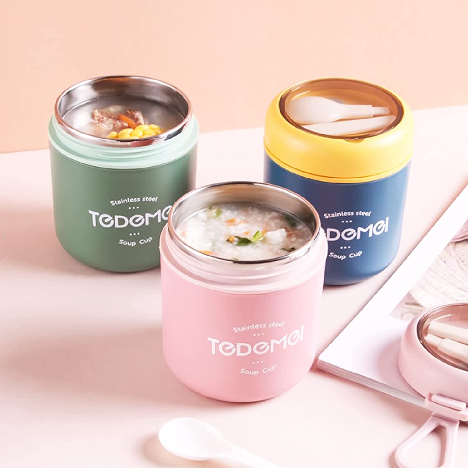 7157 Stainless Steel Solid Premium 1Pc Soup Container with Spoon and 1 Spoon On Soup Cup Top DeoDap 7157 Stainless Steel Solid Premium 1Pc Soup Container with Spoon and 1 Spoon On Soup Cup Top DeoDap